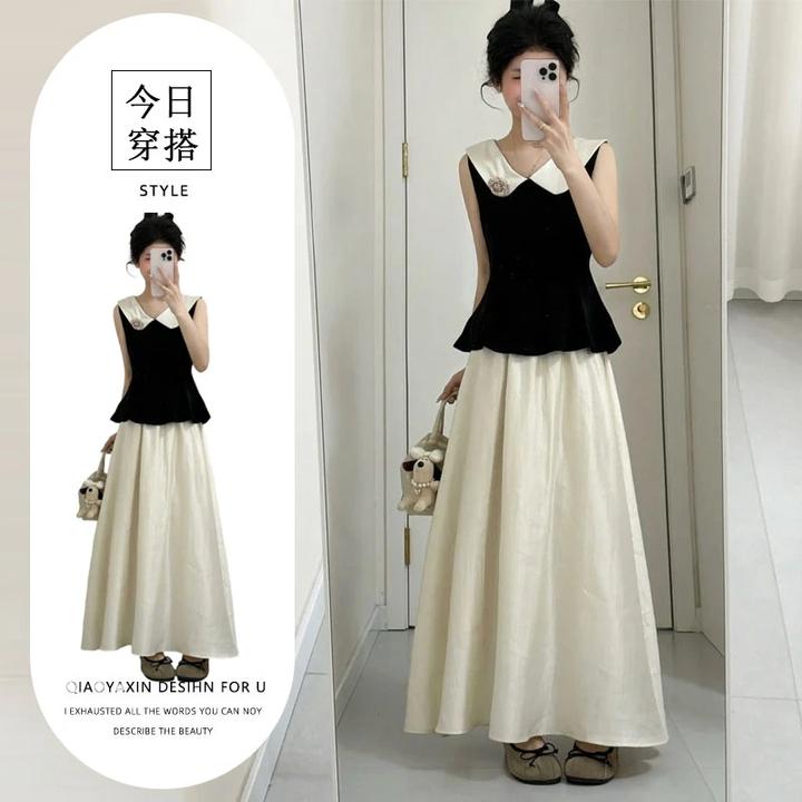 法式千金风穿搭一整套荷叶边撞色无袖短款上衣高腰半身裙两件套女