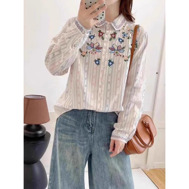 文艺POLO领碎花上衣女2025早秋简约舒适时尚休闲温柔慵懒百搭小衫