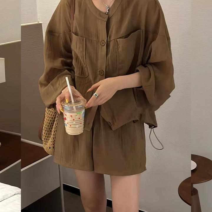 大码显瘦时尚套装2025夏新圆领宽松长袖防晒衫短裤套装女两件套