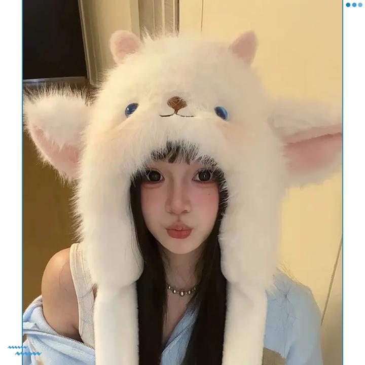 【新款】小羊加绒加厚毛线帽子女保暖捏捏耳朵会动护耳帽防寒t