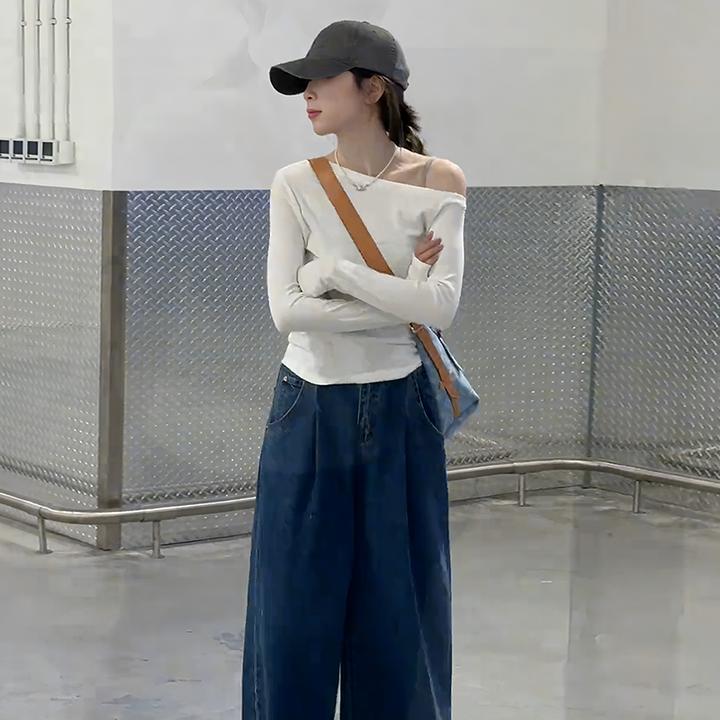 黑色斜肩露肩长袖t恤女2025新款秋季内搭打底衫一字肩潮流休闲服