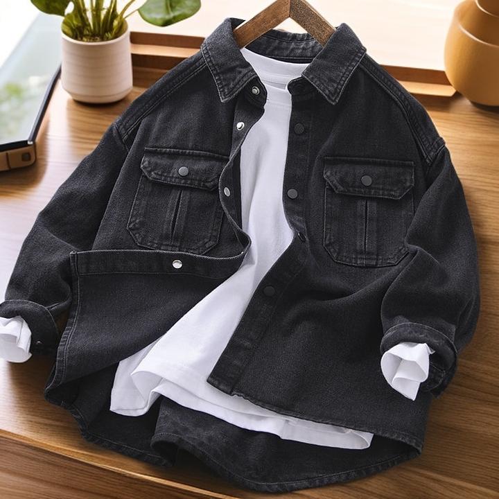 男童牛仔外套春秋季2025新款中大童男孩拼接儿童装休闲黑色夹克潮