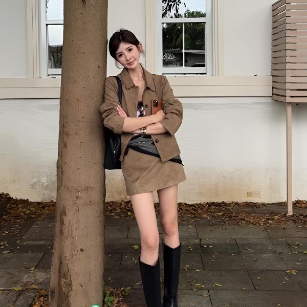 秋季新款美拉德休闲简约复古风宽松显瘦显高短款外套半身裙两件套