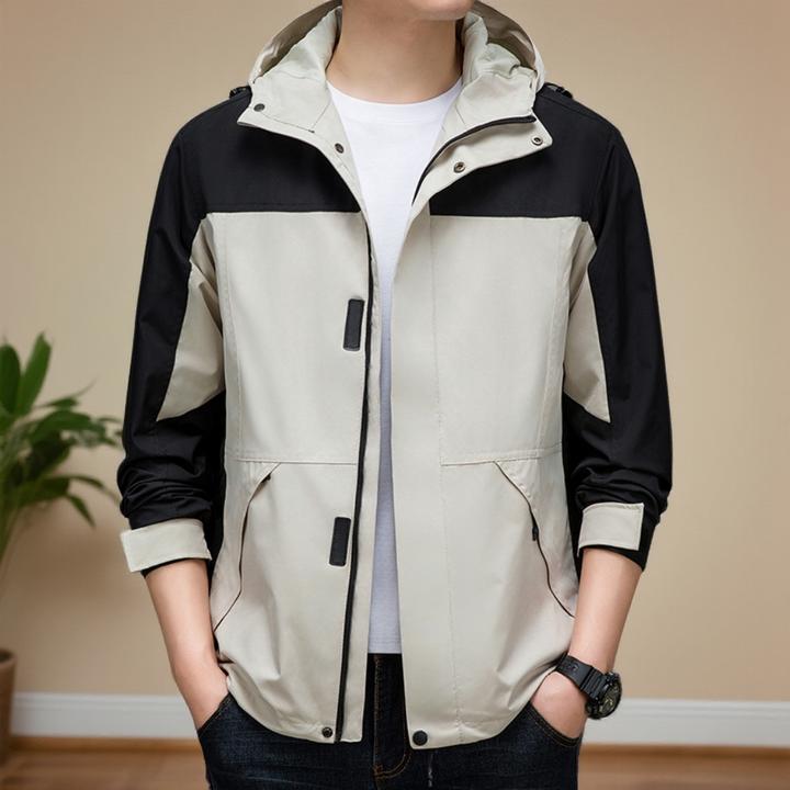 2026年春季新品男士时尚休闲撞色宽松夹克 户外连帽防风百搭外套