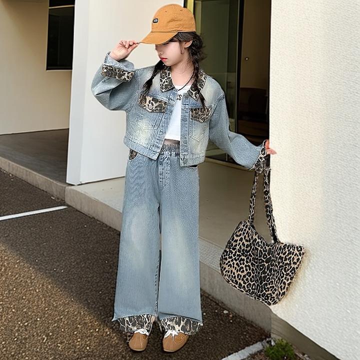 女童牛仔套装春秋装2024新款洋气时髦中大儿童网红豹纹春季两件套