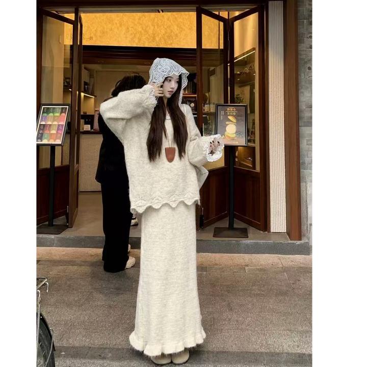 仙女韩系搭配一整套秋冬蕾丝拼接慵懒风连帽毛衣针织半身裙两件套