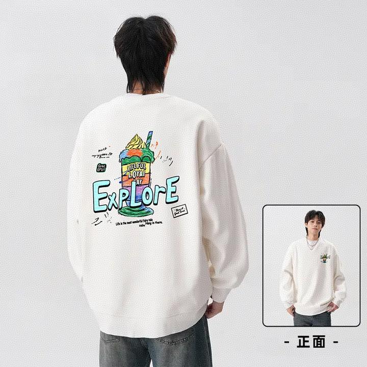 印花圆领休闲秋冬季男士长袖轻奢百搭套头爆款网红穿搭男装上衣款