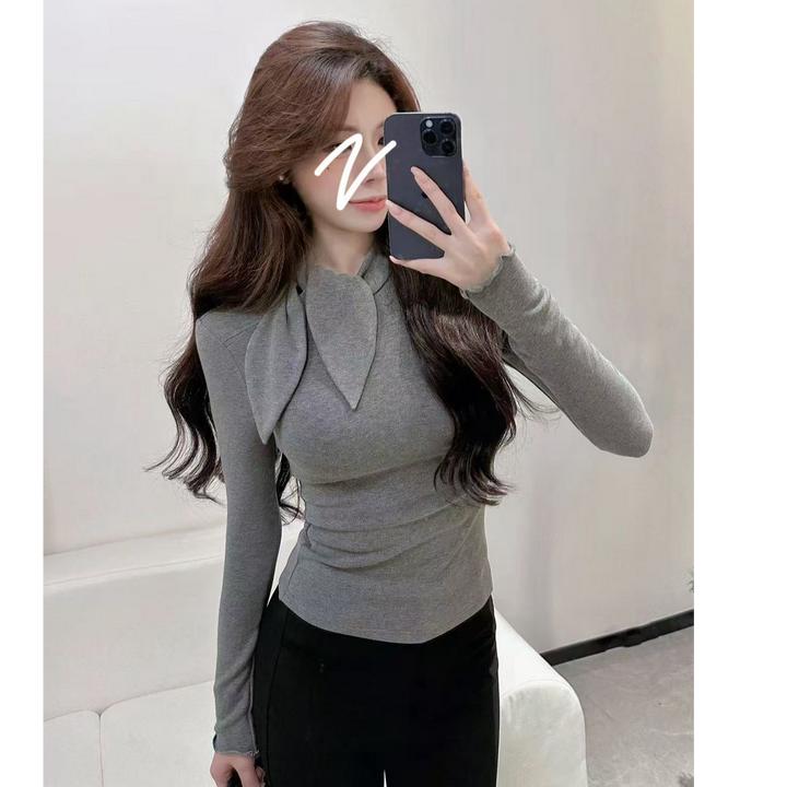 2025秋冬加绒新款高级感修身显瘦内搭系带长袖打底衫T恤小众上衣