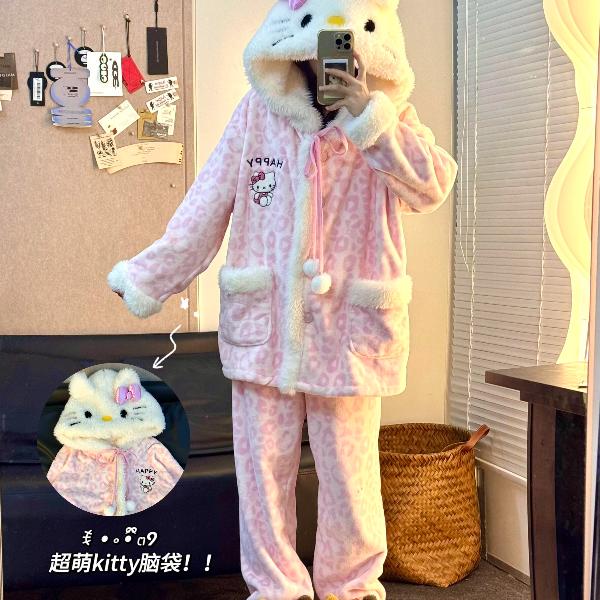 侘町冬季粉色豹纹法兰绒睡衣女秋冬家居服加厚加绒保暖可外穿