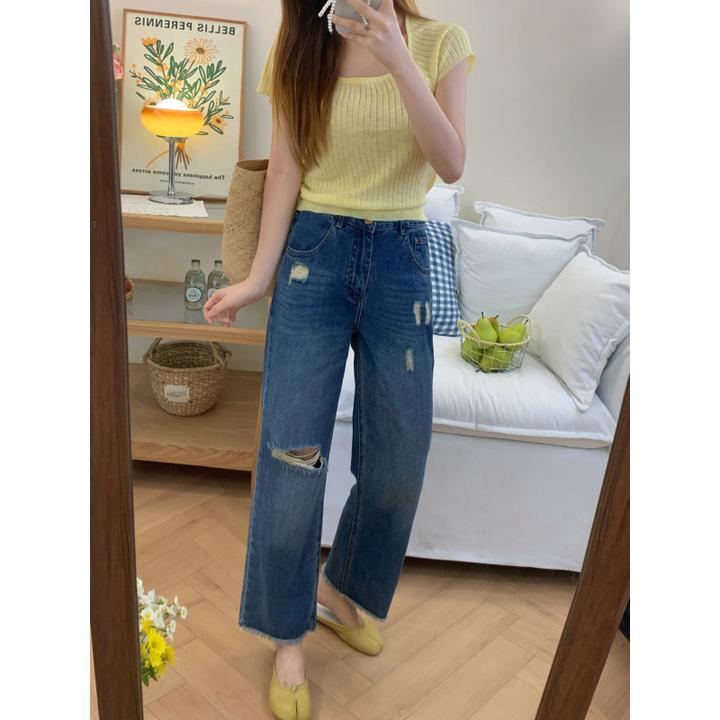 夏季清凉感破洞毛边裤~小个子显瘦遮胯宽松直筒牛仔裤