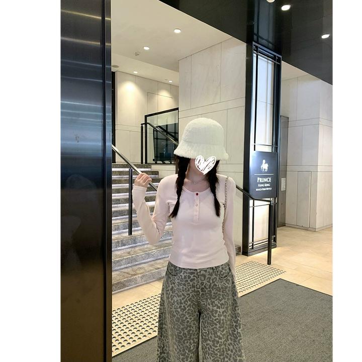 彩扣方程式亨利领异型扣针织衫女秋内搭修身长袖打底衫#Y501