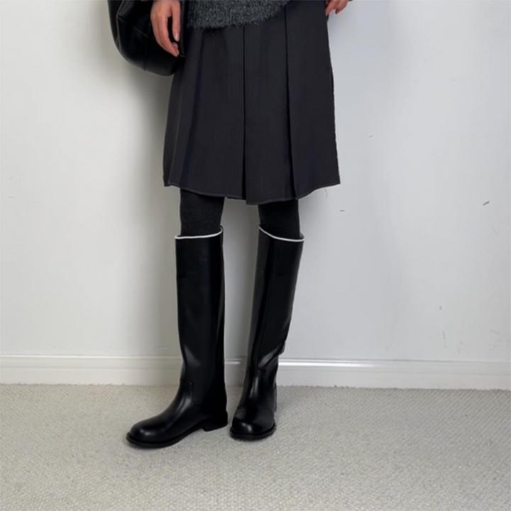 付小兮2025新款真皮圆头套筒显瘦长筒靴粗跟时尚骑士靴百搭时装靴