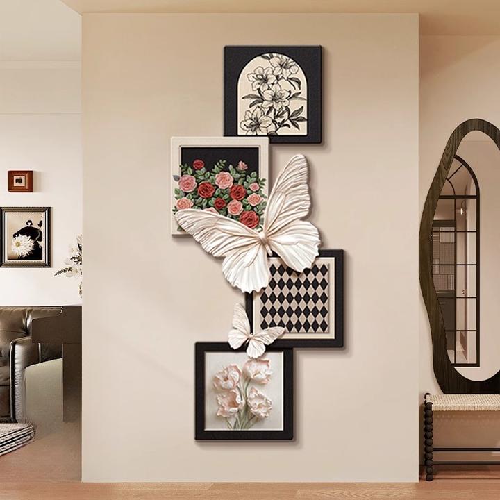 法式中古风入户玄关装饰画玫瑰蝴蝶挂画客厅挂画复古走廊过道壁画