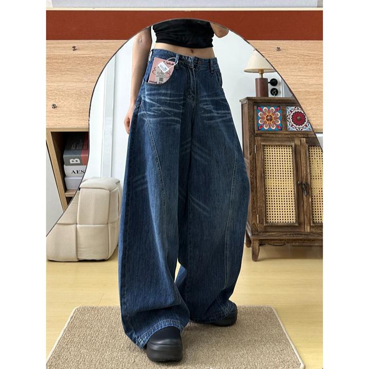 拉夏贝尔美式牛仔弯刀裤女2025新款高质量时髦裤子宽松百搭阔腿裤