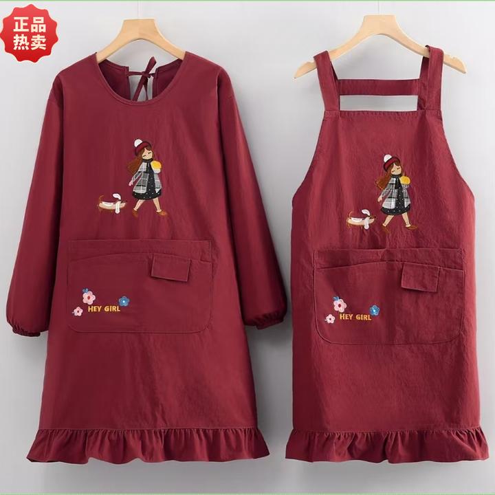 新款时尚刺绣围裙长袖罩衣厨房餐饮防油污耐脏工厂工作服上班女