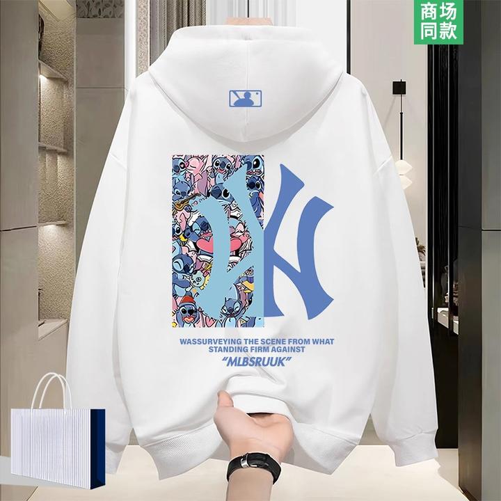 【官方推荐】秋冬季潮牌卡通史迪仔印花连帽卫衣潮流宽松情侣款上衣