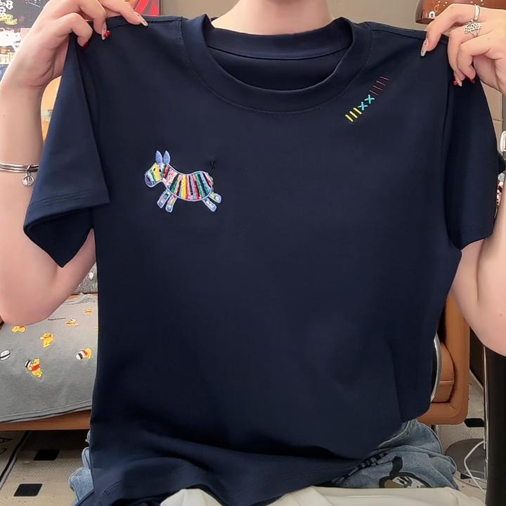 设计感彩色小马重工刺绣短袖T恤女2025春夏季新款显瘦圆领上衣