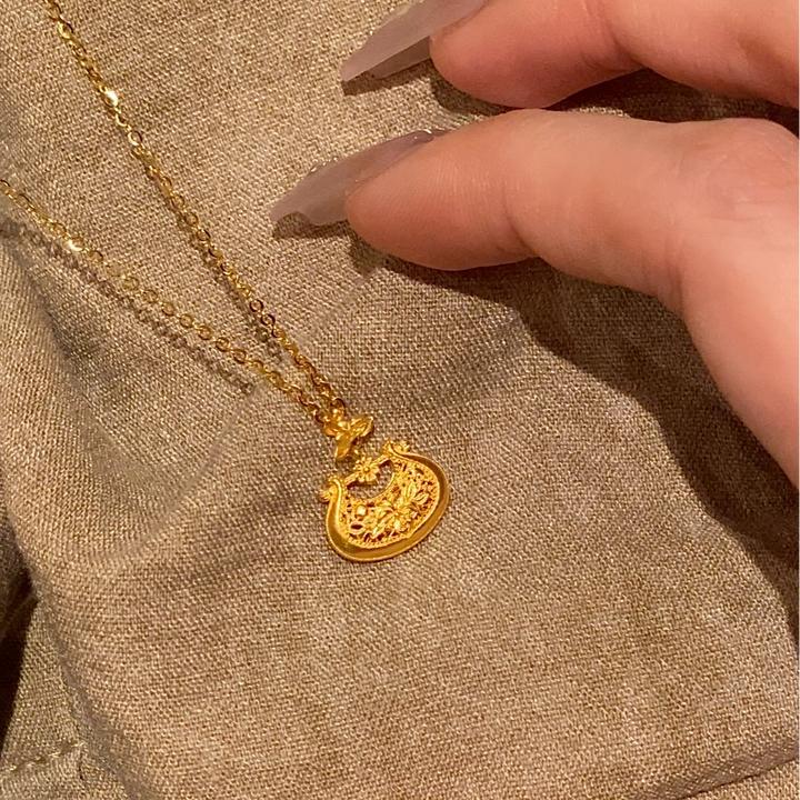 铜合金项链 新中式金色莲花平安锁项链复古高级感小众精致毛衣链