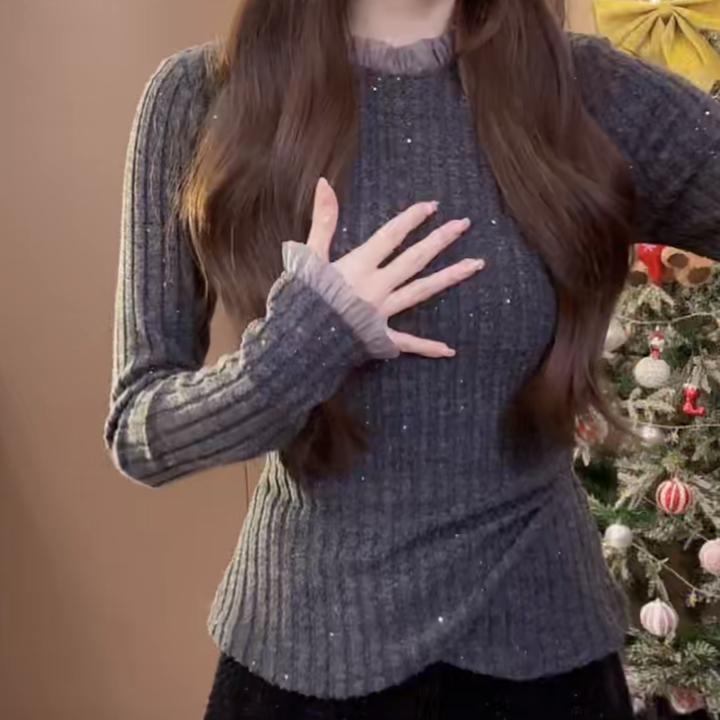 设计感蕾丝拼接花边质长袖T恤女2025春季新款显瘦灰色外套上衣