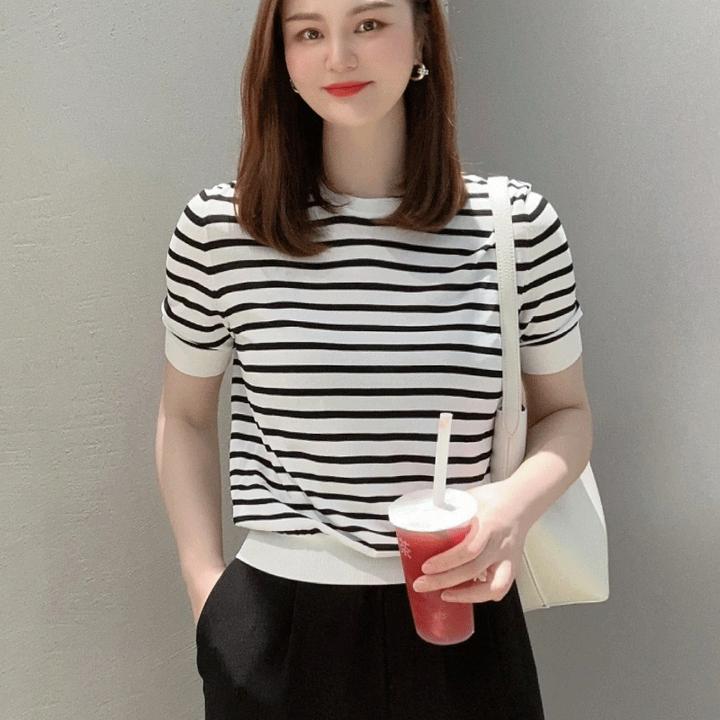 哥弟阿玛施正品2025夏新款条纹简约冰丝短袖针织衫圆领短袖T恤女
