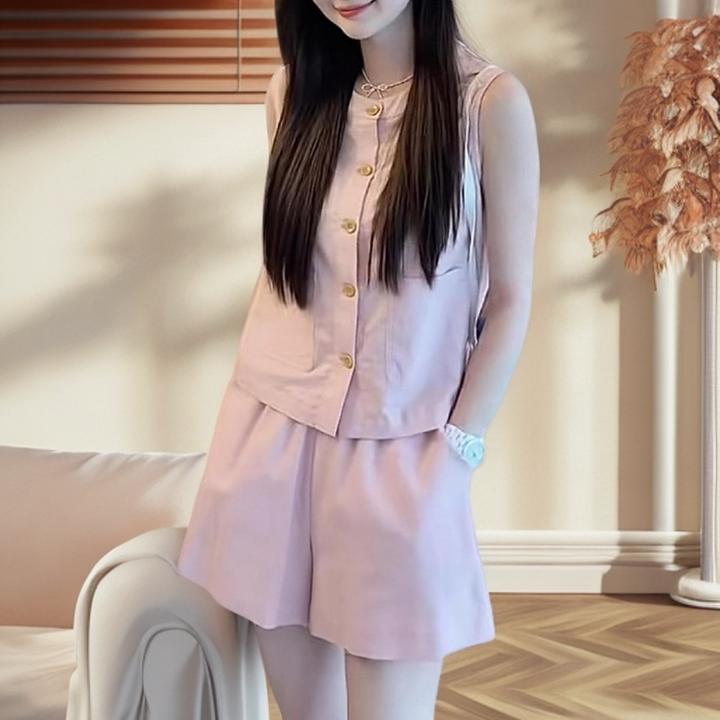 简约气质粉色套装显瘦上衣休闲短裤两件套女夏季2025新款洋气减龄