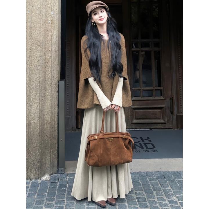 韩系气质名媛风富家千金感穿搭一整套早秋新款斗篷连衣裙两件套潮