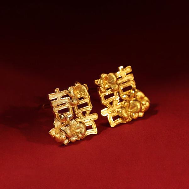 铜合金耳饰 黄金色繁花喜字婚嫁国风直针耳钉新娘双囍秀禾耳饰款