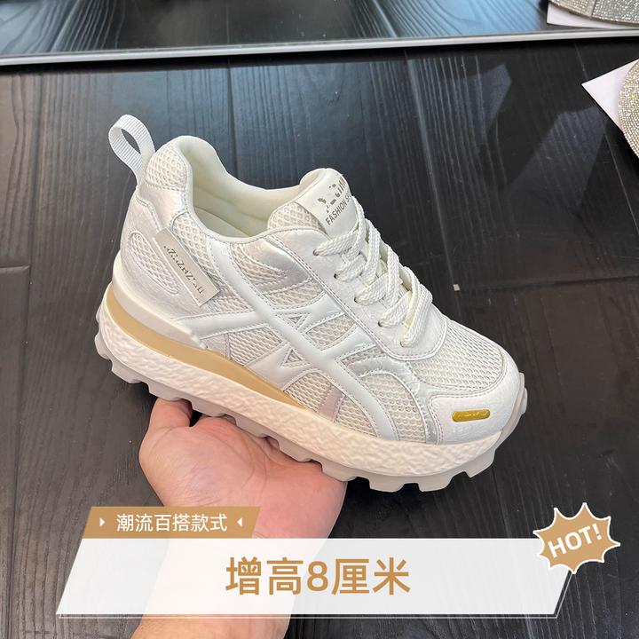 轻便小白鞋女2025夏季新款网面透气运动休闲鞋厚底内增高8cm女鞋