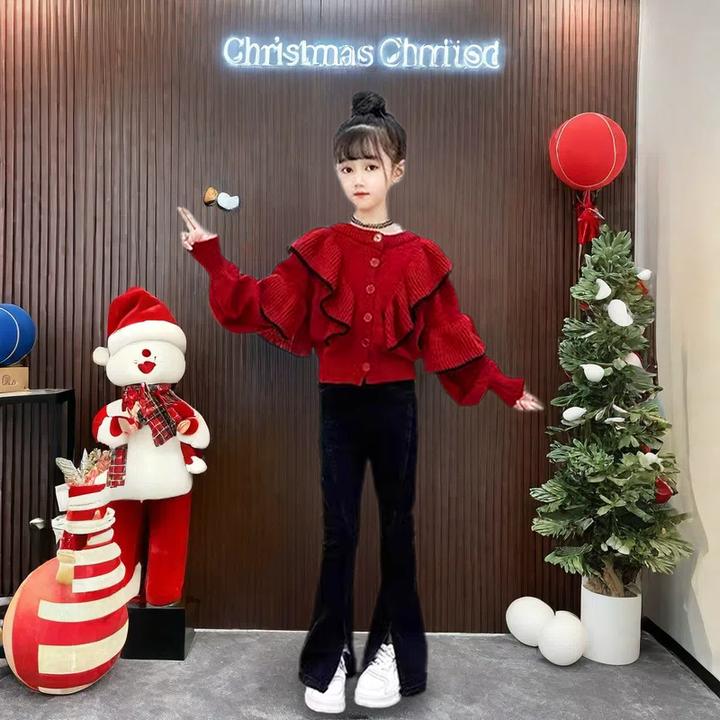 女童红色喜庆纽扣上衣冬季2025新款大童花边加厚毛衣儿童冬装套装