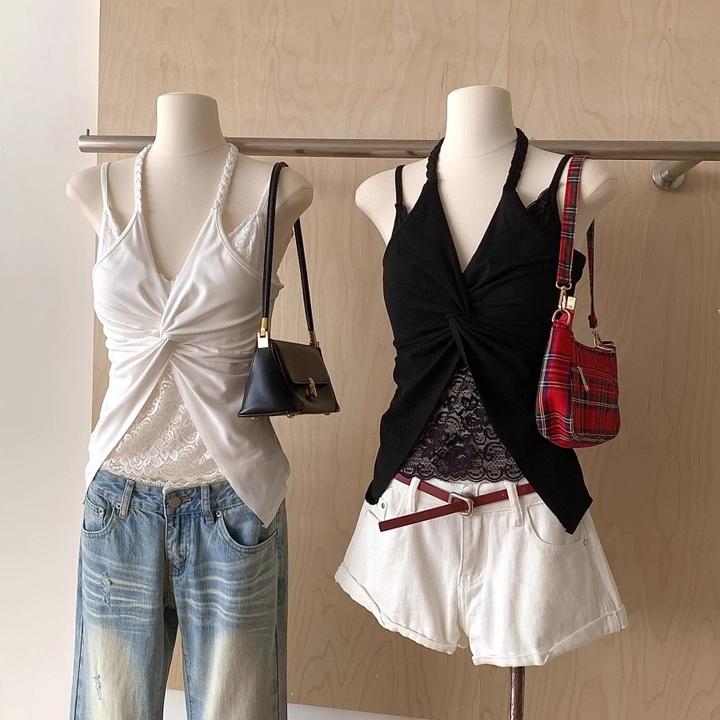 吊带背心女秋外穿2025新款美背辣妹白色蕾丝无袖挂脖上衣女性感