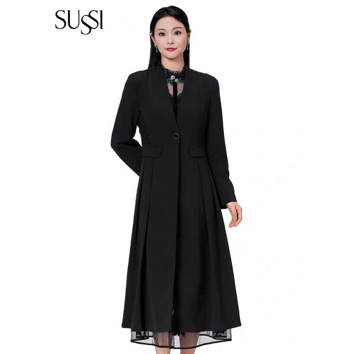 【新款】古色SUSSI25秋气质优雅V领中长风衣黑色外套S-2XL