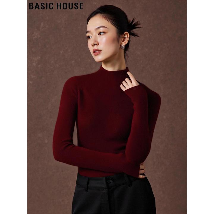 Basic House/百家好圣诞红半高领针织衫女士2025秋冬含羊毛打底衫