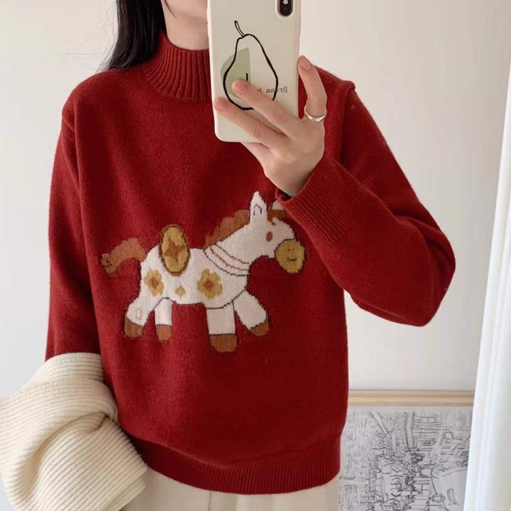 韩式可爱风卡通小马半高领毛衣女2025新款秋冬加厚针织衫打底上衣