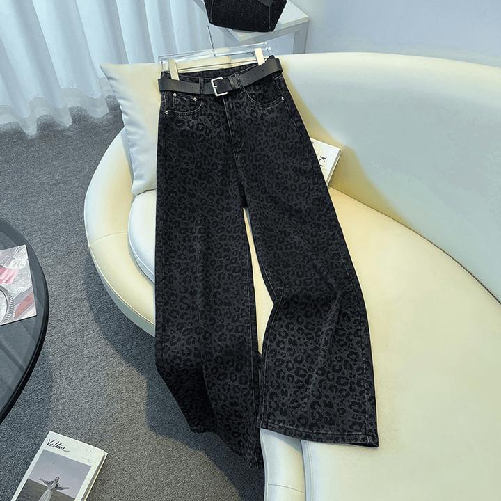复古豹纹阔腿牛仔裤女士秋季2025新款高腰显瘦垂感休闲百搭直筒裤