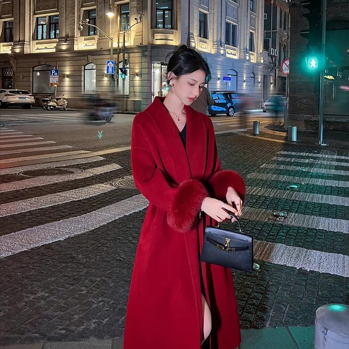 红色2024新款年会双面大衣女高个子加长款仿狐狸毛高级感毛呢外套