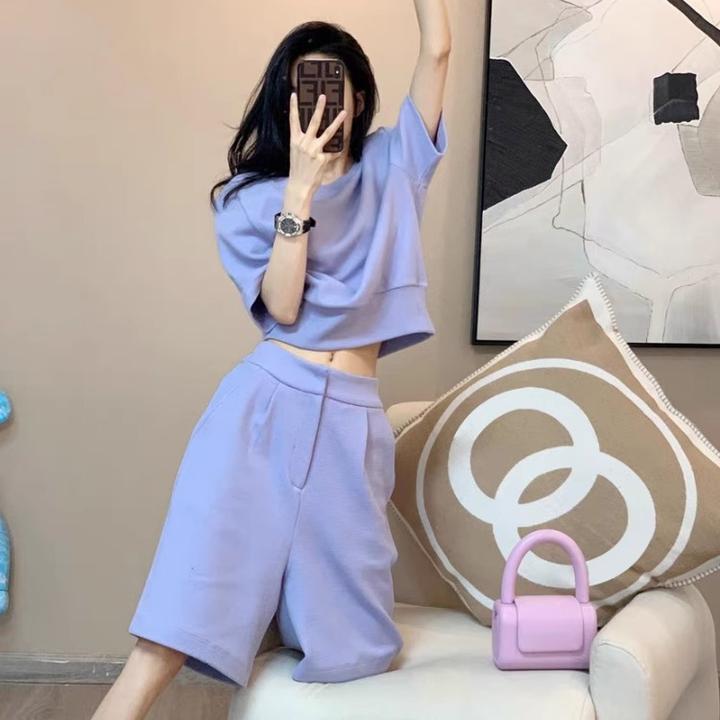 高级感运动服套装女夏季宽松韩版时尚洋气纯色短袖短裤休闲两件套