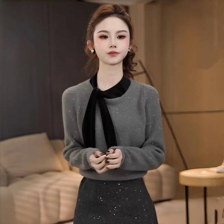 春季减龄内搭打底衫小香风气质蝴蝶结针织上衣女亮片半身短裙套装