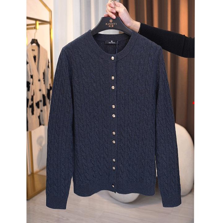 【轻奢-加厚】时尚圆领麻花提花外套长袖针织羊毛开衫 XT-2408143