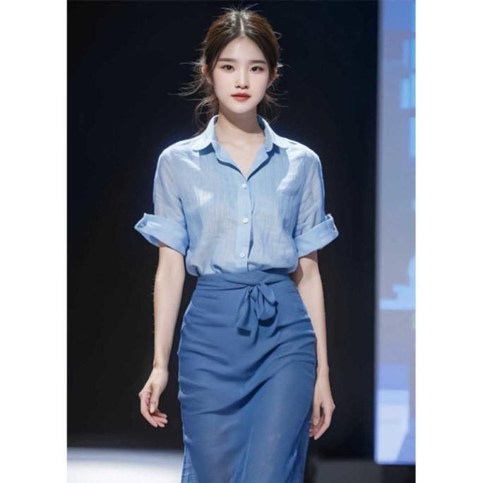 职业阿玛诗官2025新款春夏季休闲慵懒蓝色亚麻短袖衬衫两件套女款