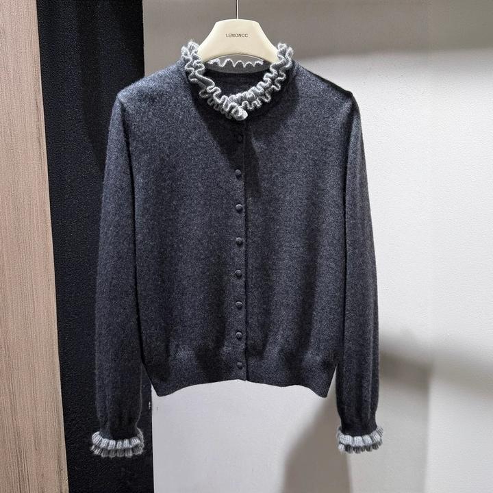 法式设计感撞色木耳边针织开衫女2025秋冬新款洋气百搭超好看毛衣