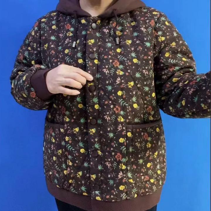 《专柜品质》5气质冬季花色印花加厚保暖碎花杂线帽版妈妈奶奶棉服