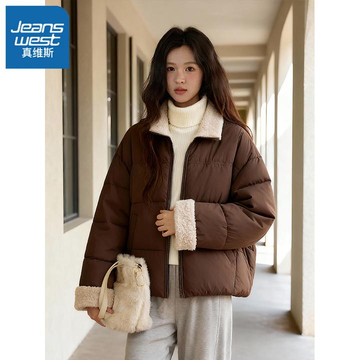 真维斯立领短款棉服女2026新款美拉德咖色洋气宽松面包服夹棉外套