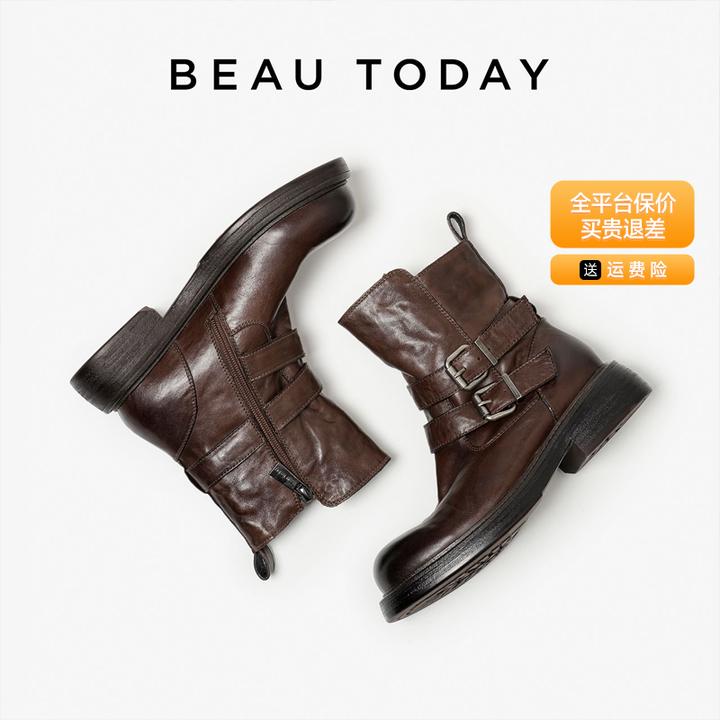 BeauToday【全牛皮】轻奢复古咖色时尚休闲透气圆头粗跟暗影机车靴