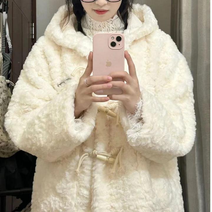 {清货 运费补贴}毛毛外套女冬季牛角扣中长款连帽毛毛上衣502