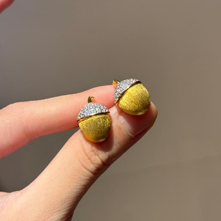 卡柒 铜合金耳饰 复古金色拉丝镶锆松果耳钉女独特小众高级感耳饰