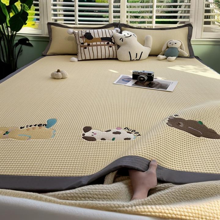 刺绣凉感冰豆豆凉席三件套夏季可机洗冰丝席床单夏天空调软席凉垫