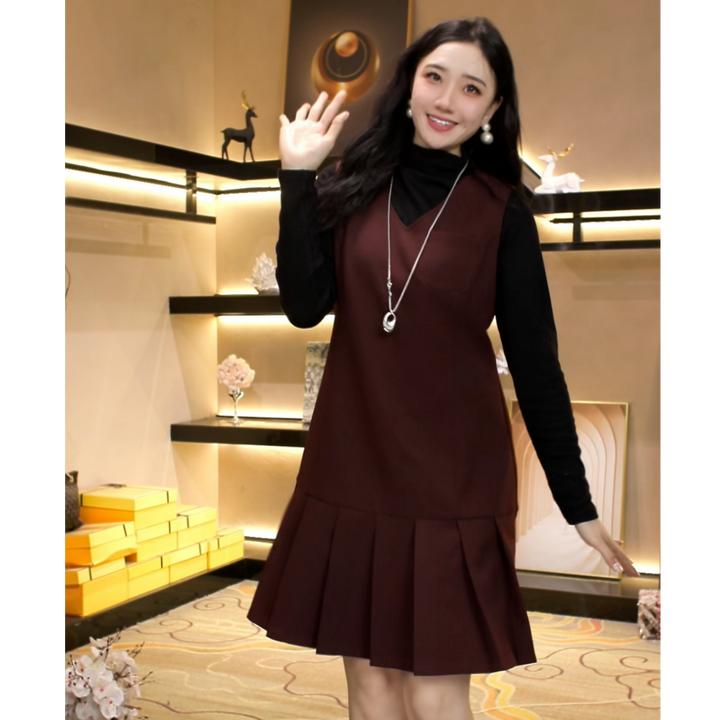 【奢姿】大码女装秋季胖妹妹时尚设计撞色设计假两件百褶连衣裙