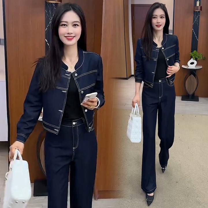 时尚牛仔套装女2025春季新款洋气质显瘦短款外套阔腿裤减龄两件套