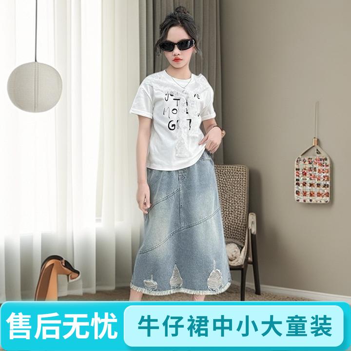 FAVMARTHA春秋牛仔裙短袖牛仔裙女孩时尚印花休闲半身裙宽松韩版