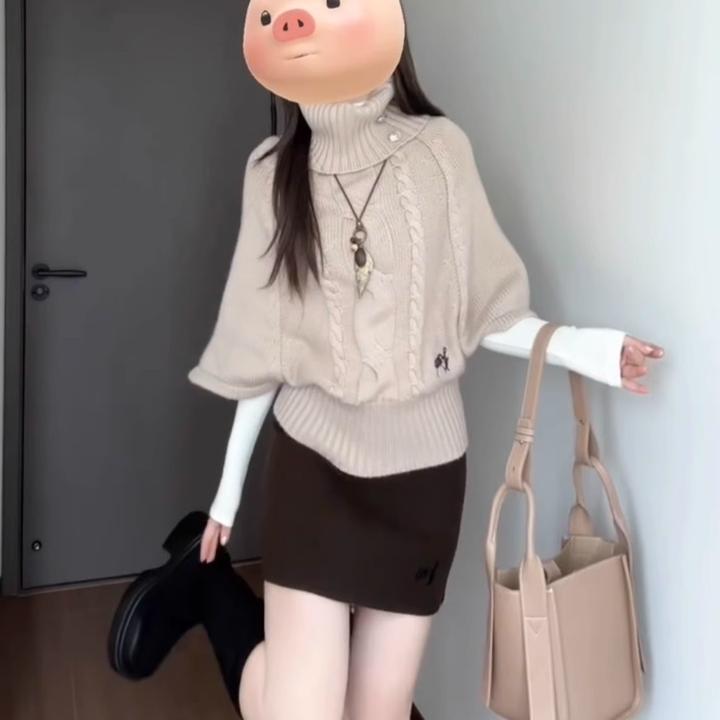 韩系慵懒风麻花针织套头斗篷毛衣女秋冬宽松高领打底针织衫上衣潮
